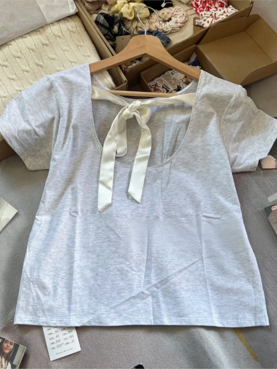 Gray Back Bow Lace-up Cut Out T-shirt Women Letter Print O-neck Cotton Short Sleeve Tshirt Vintage Sweet Preppy Style Tee Tops