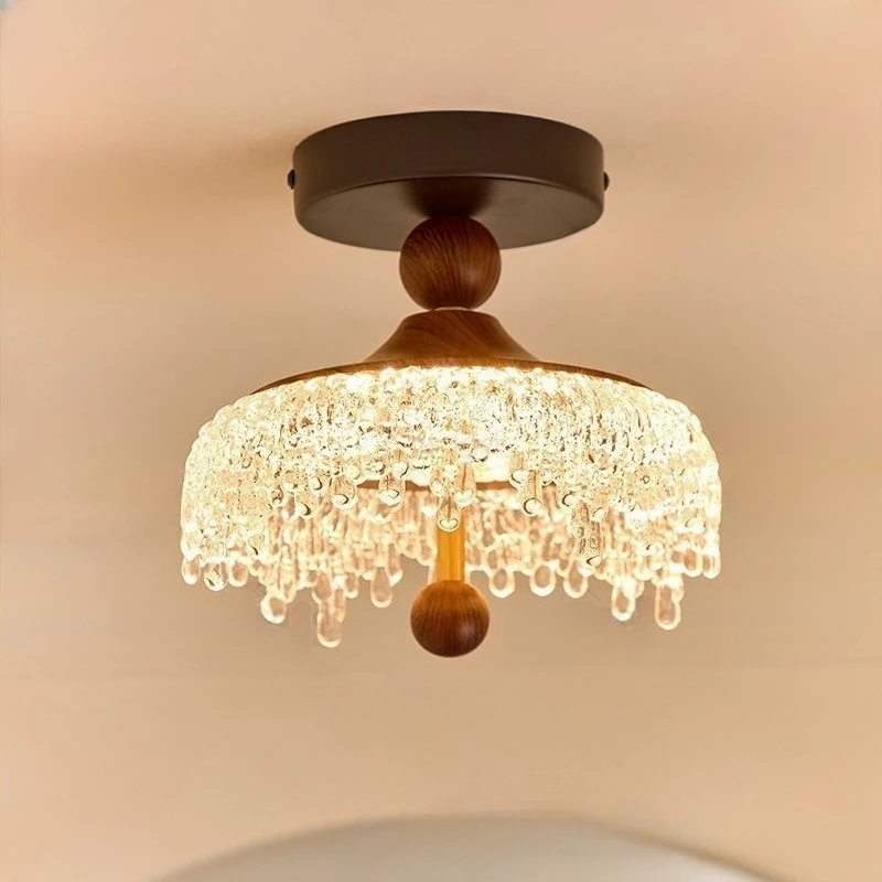 Medieval Acrylic Water Droplet Ceiling Light Retro Walnut LED Chandelier Restaurant Bedroom Bedside Corridor Aisle Lamp Fixtures