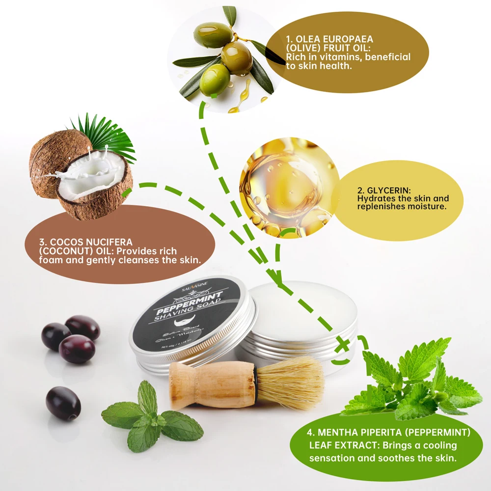 60 جرام صابون حلاقة رجالي بدون تهيج رائحة النعناع اللطيفة تغذي تليين اللحية كريم رغوة الحلاقة موس مع فرشاة التدليك