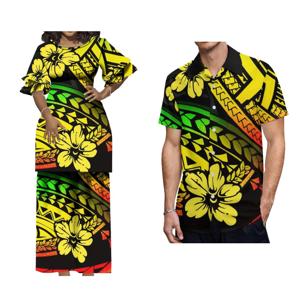 Puletasi-Vestido de manga acampanada para mujer, camisa con diseño estampado polinesiano, Top para hombre