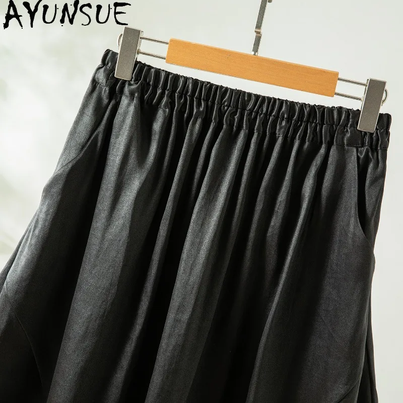 AYUNSUE Silk Satin Xiangyunsha Women's Skirts High Waist Black Skirt Elastic Waist Skirts for Women Clothes Summer Юбка Женская