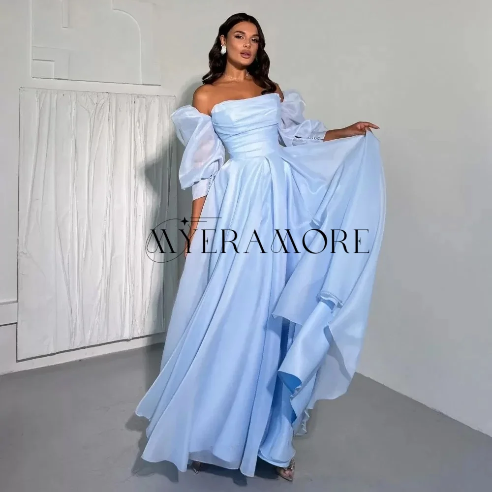 Vestidos de Noche azules simples con hombros descubiertos, vestidos de fiesta con abertura lateral y media manga acampanados, personalizados