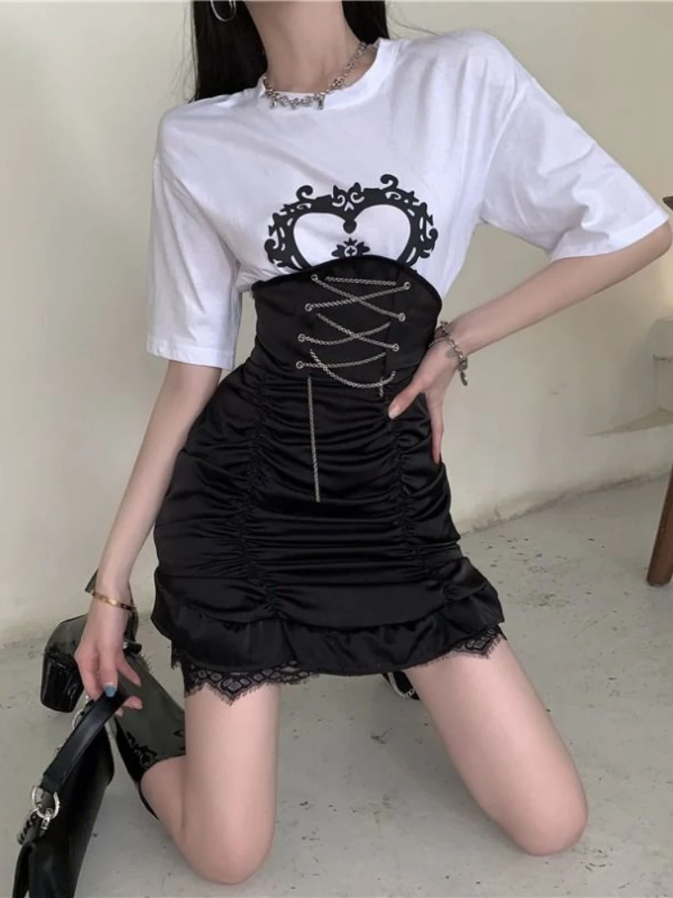 HOUZHOU Sexy Bodycon Skirt Women Summer Harajuku Gothic Mini Skirts Black Chain Pleated Lace Patchwork High Street Punk Fashion