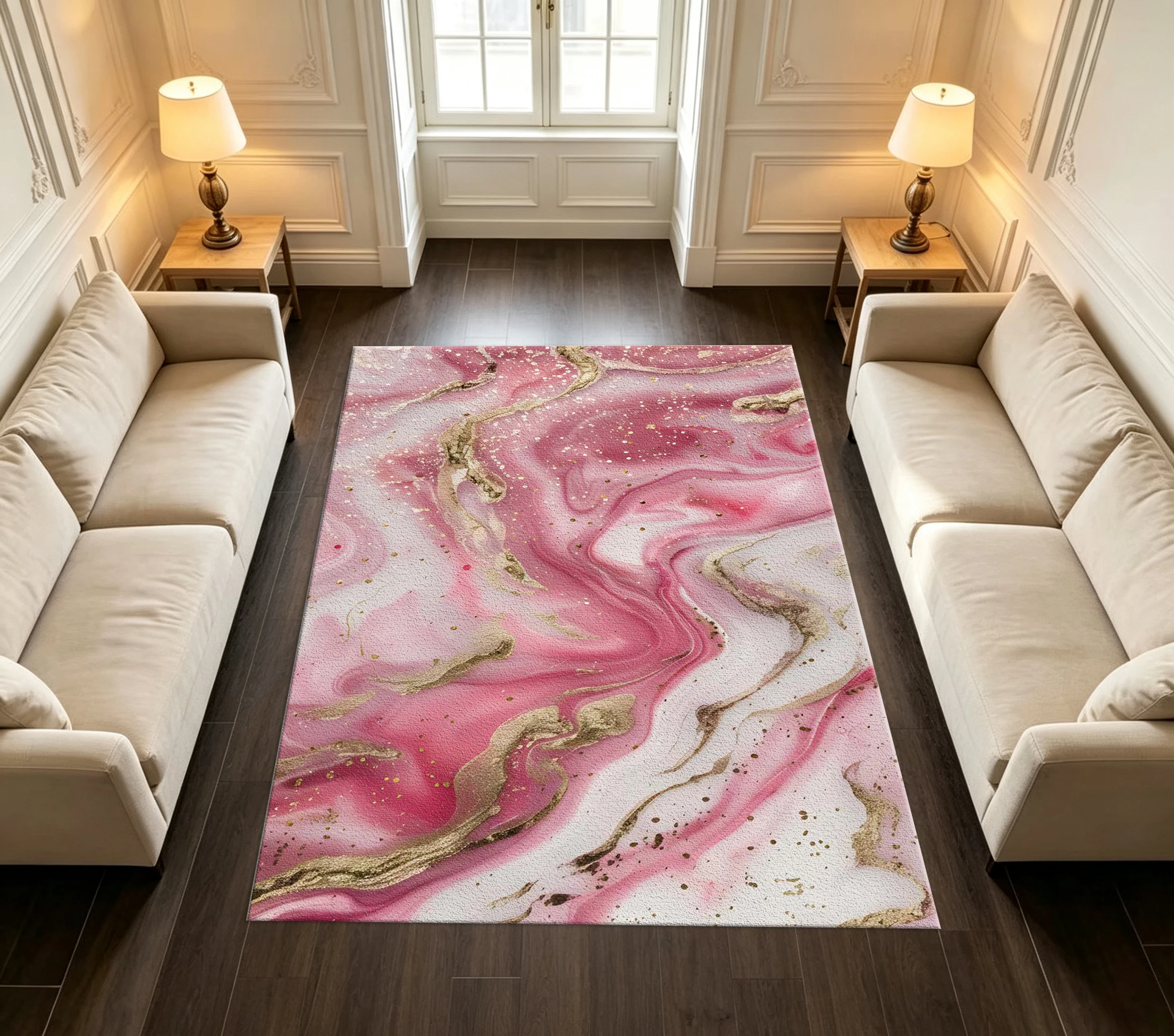 Pink White Gold Marble Swirl Abstract Non-Slip Area Rug Modern Home Floor Decor Mat