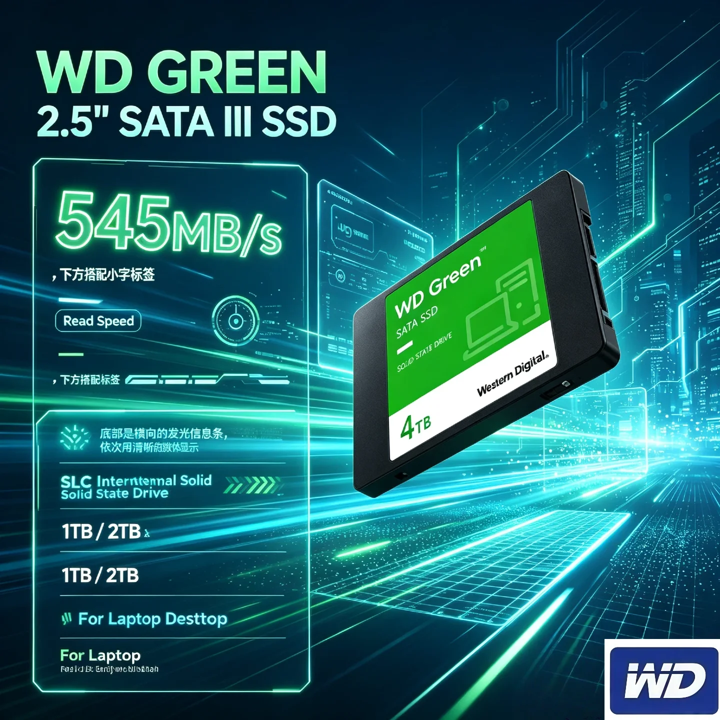 Original WD GREEN 2.5" SATA III SLC internal Solid State Disk 1TB 2TB Read Speed 545MB Hard Drive for Laptop Desktop SSD Pro