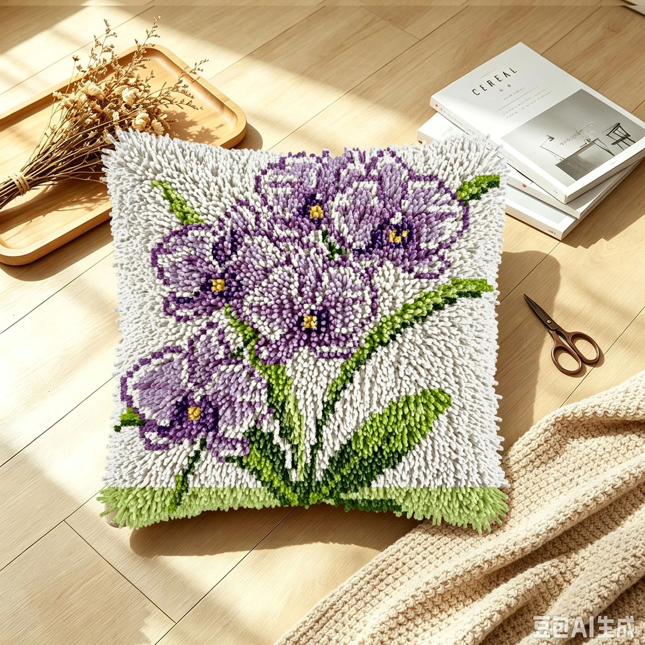 1 Set Lila Orchideen-Knoten-Kissen-Set mit Häkelnadeln, Kissenbezug-Set für Handarbeiten, Häkelnadel-Sets, DIY, anfängerfreundlich, Stickerei – Detail 2