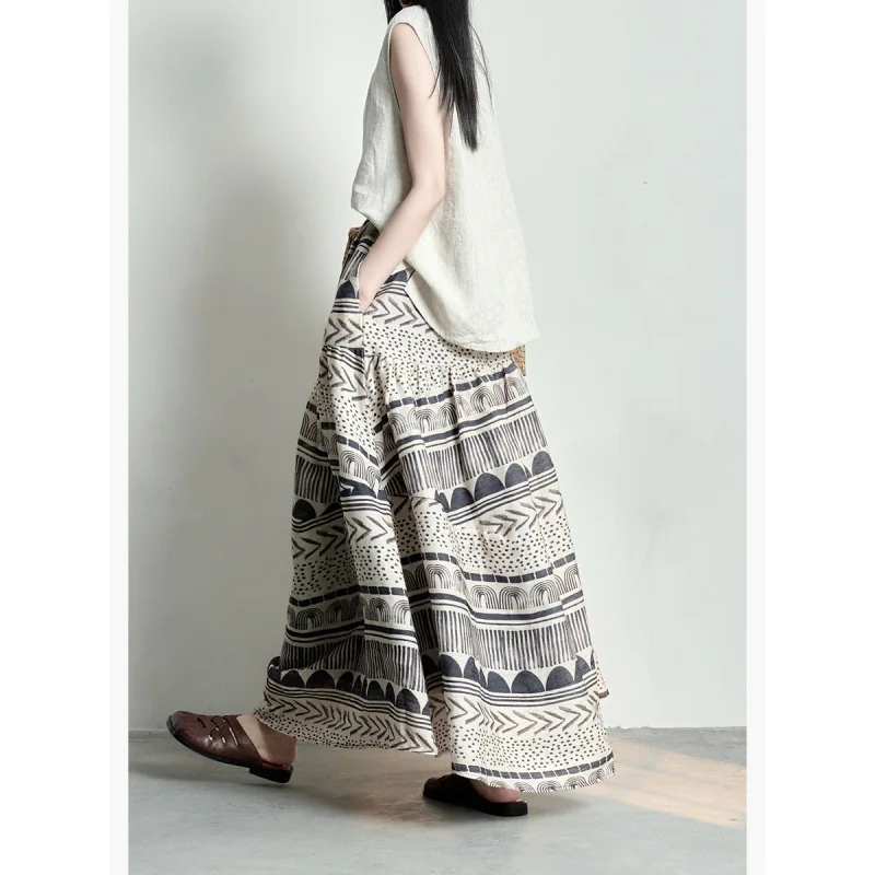 Women's Boho Geometric Print Tiered Maxi Skirt, High Waist Drawstring A-Line Long Skirt, Casual Linen Blend Summer Beach Wear