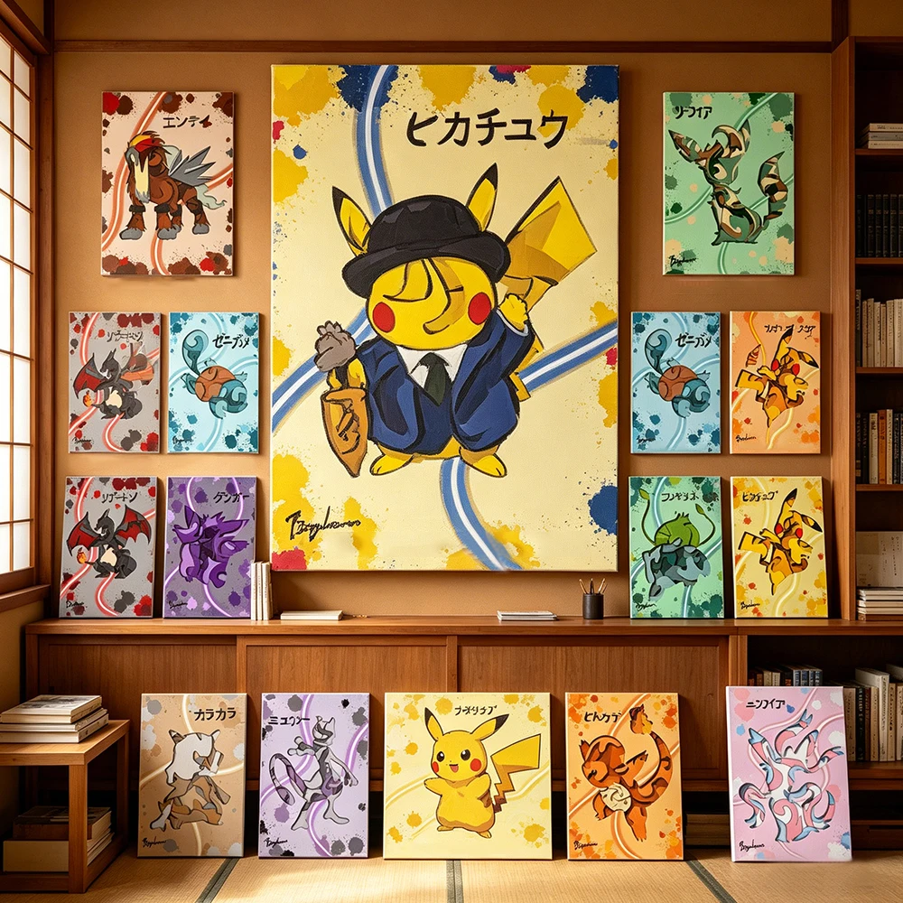 Pokemon Canvas Wall Art Pikachu Mewtwo Eevee Charizard Blastoise Squirtle Anime Posters Living Room Bedroom Kids Room Decor Gift