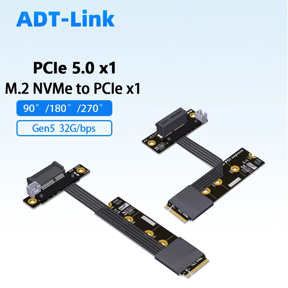 M.2 NVMe To PCIe X1 Extension Cable PCIe 5.0 Gen5 32Gbps M2 SSD To PCI-E X1 Riser Adapter Cable 90°/180°/270° Angle Optional