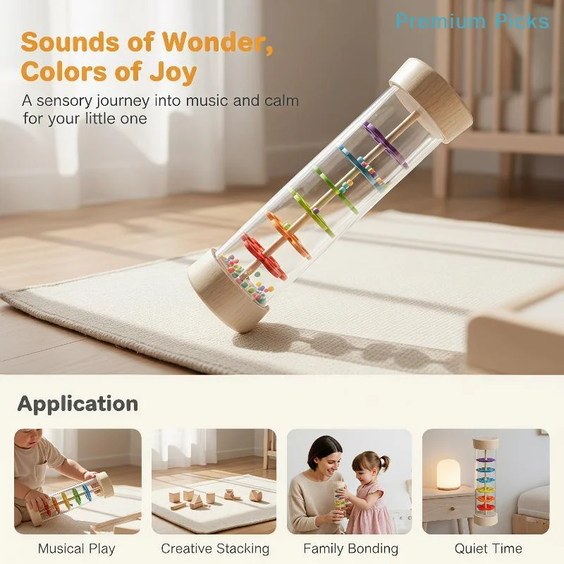 portableMontessori Baby Rain Stick Hanging Rainbow Rattle Educational Sensory Toy for Stroller Crib Baby Outdoor Play Use