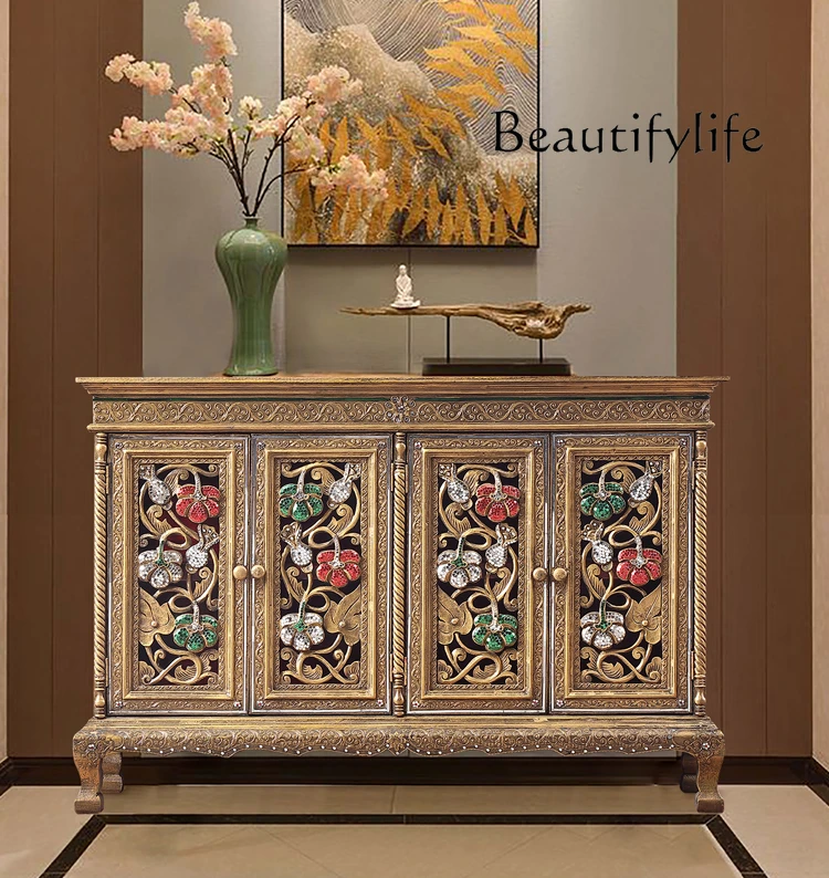 Exotic style solid wood carving entrance cabinet South East Asia living room screen cabinet