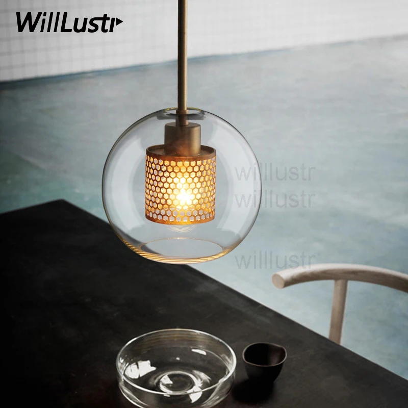 Transparent Glass Pendant Light Iron Sieve Net Suspension Lamp Dining Room Restaurant Hotel Loft Hanging Ceiling Chandelier