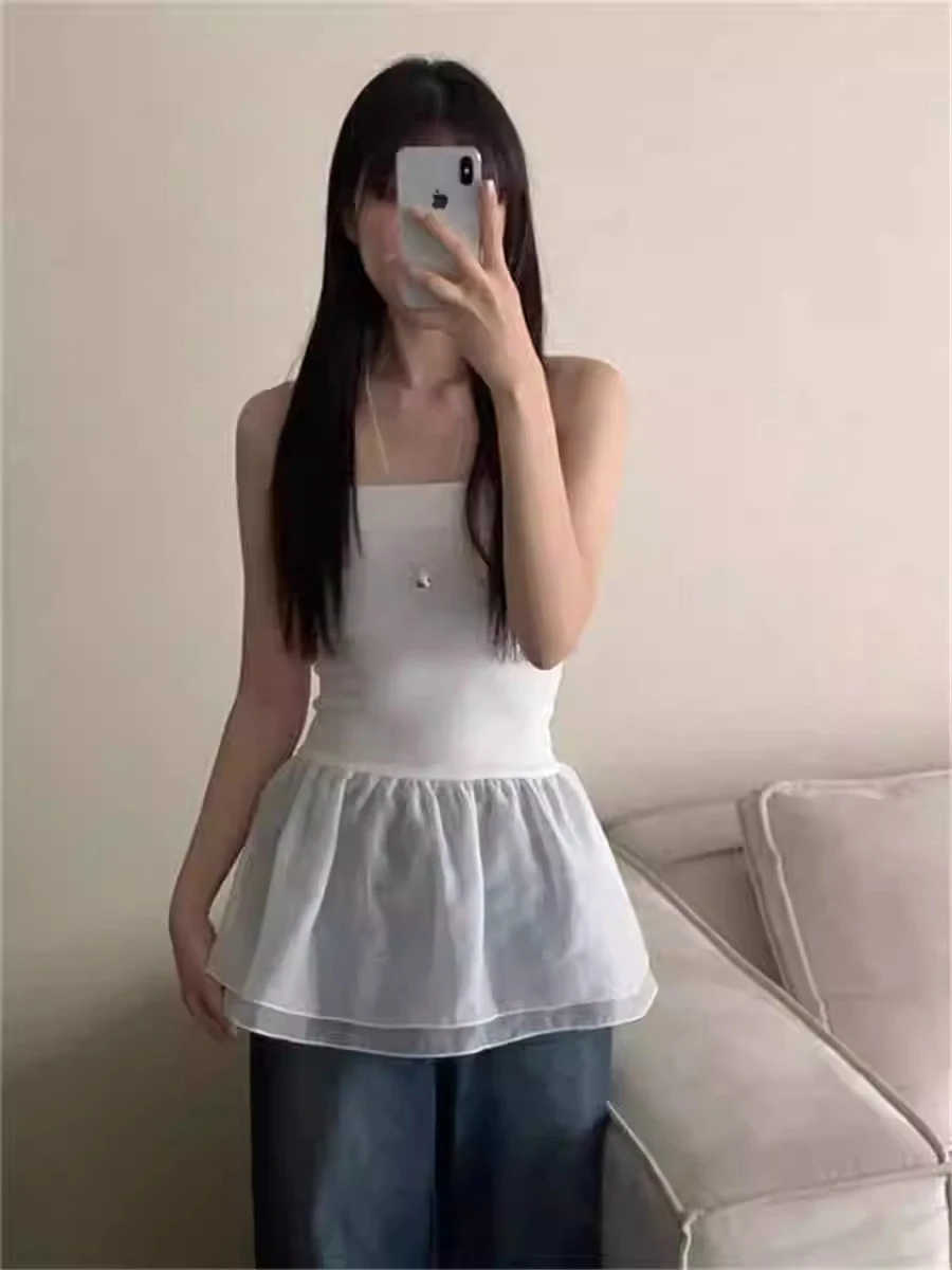 Y2k cute Women Sleeveless Tank Top Street Simple Sweet Personality Double-layer Skirt Splicing Slimming Strapless Base Vest Top