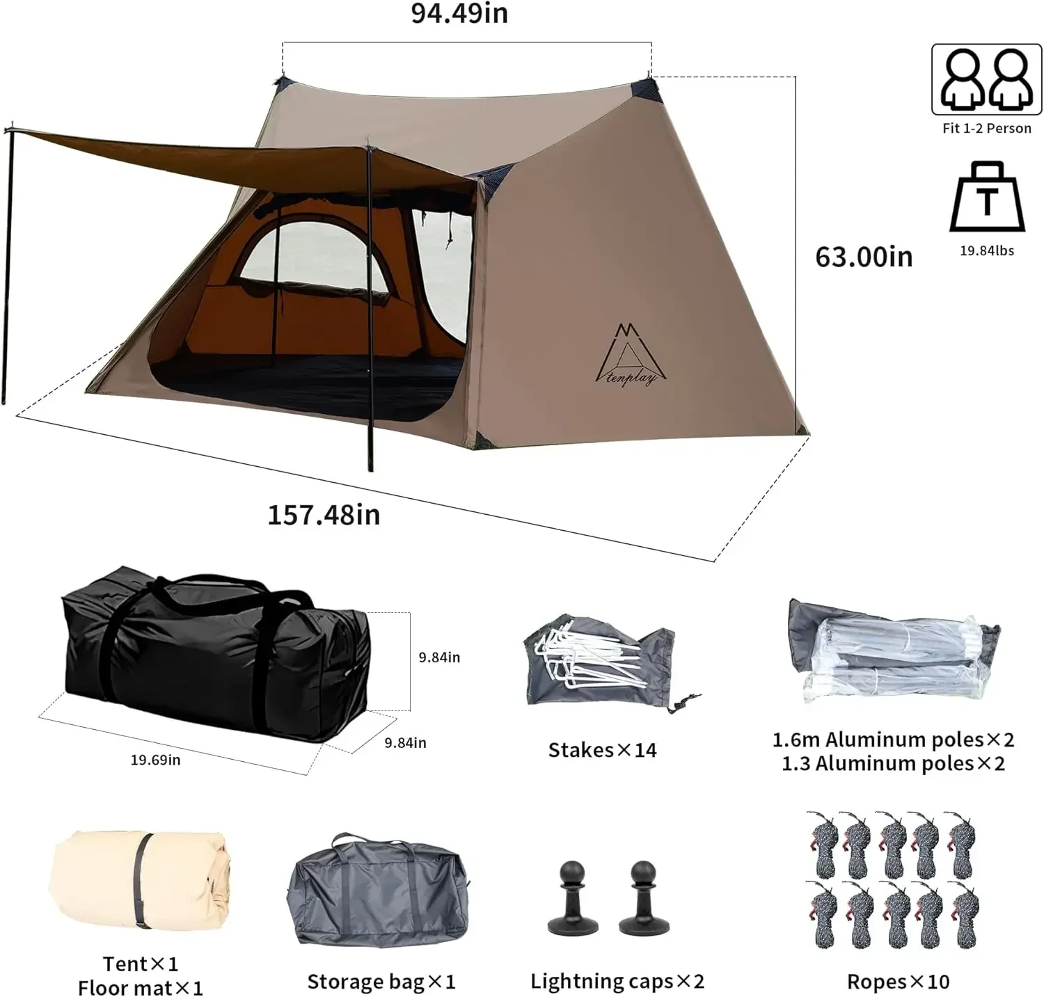 خيمة جرس سداسية تتسع لـ 4-6 أشخاص من Tenplay، خيمة تخييم من القماش القطني مع مقبس موقد مقاوم للماء بباب مزدوج خيمة خارجية للتخييم