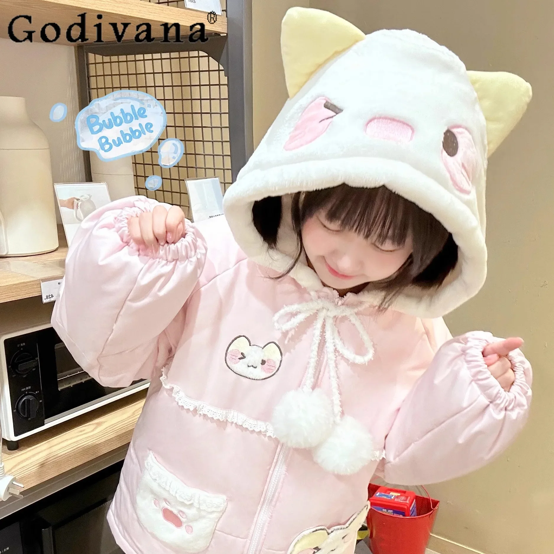 Original Japanese Pink Lolita Cotton Padded Coat Female Cute Sweet Soft Girl Kawaii Hooded Parkas Winter Warm Thickened Jacket