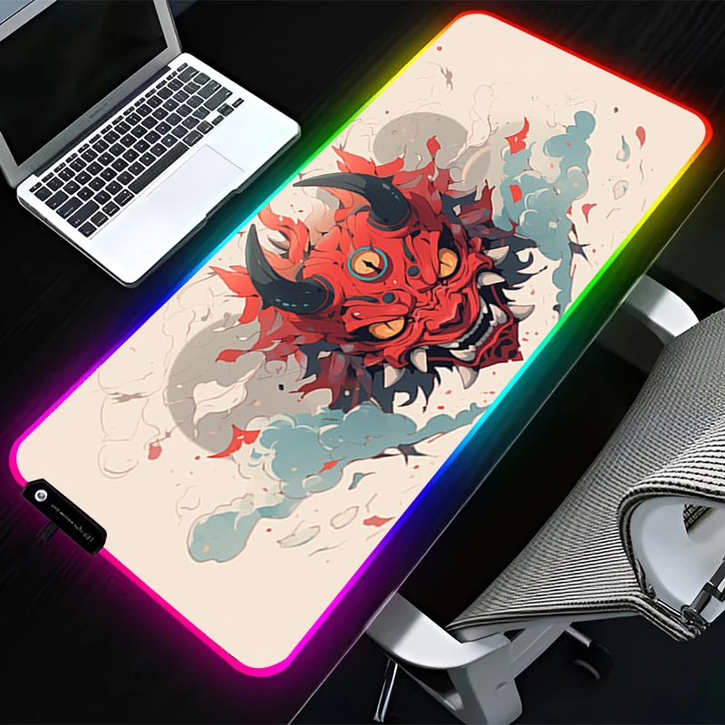 

RGB LED Mouse Pad Computer Desk Accessories Mouse Mat Rubber HD Keyboard Pad Non Slip Mousepad Oni Hannya Samurai Mask Desk Mat