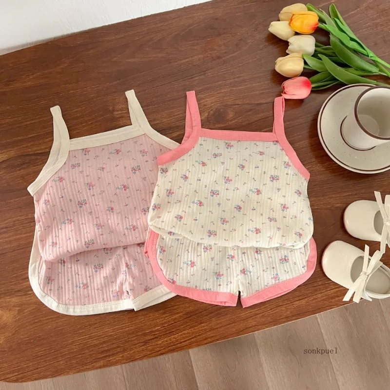 Baby Clothes Sets Summer Toddler Girl Strap Suits Cotton Printing Tops +Shorts Infant Tracksuit Newborn Sets