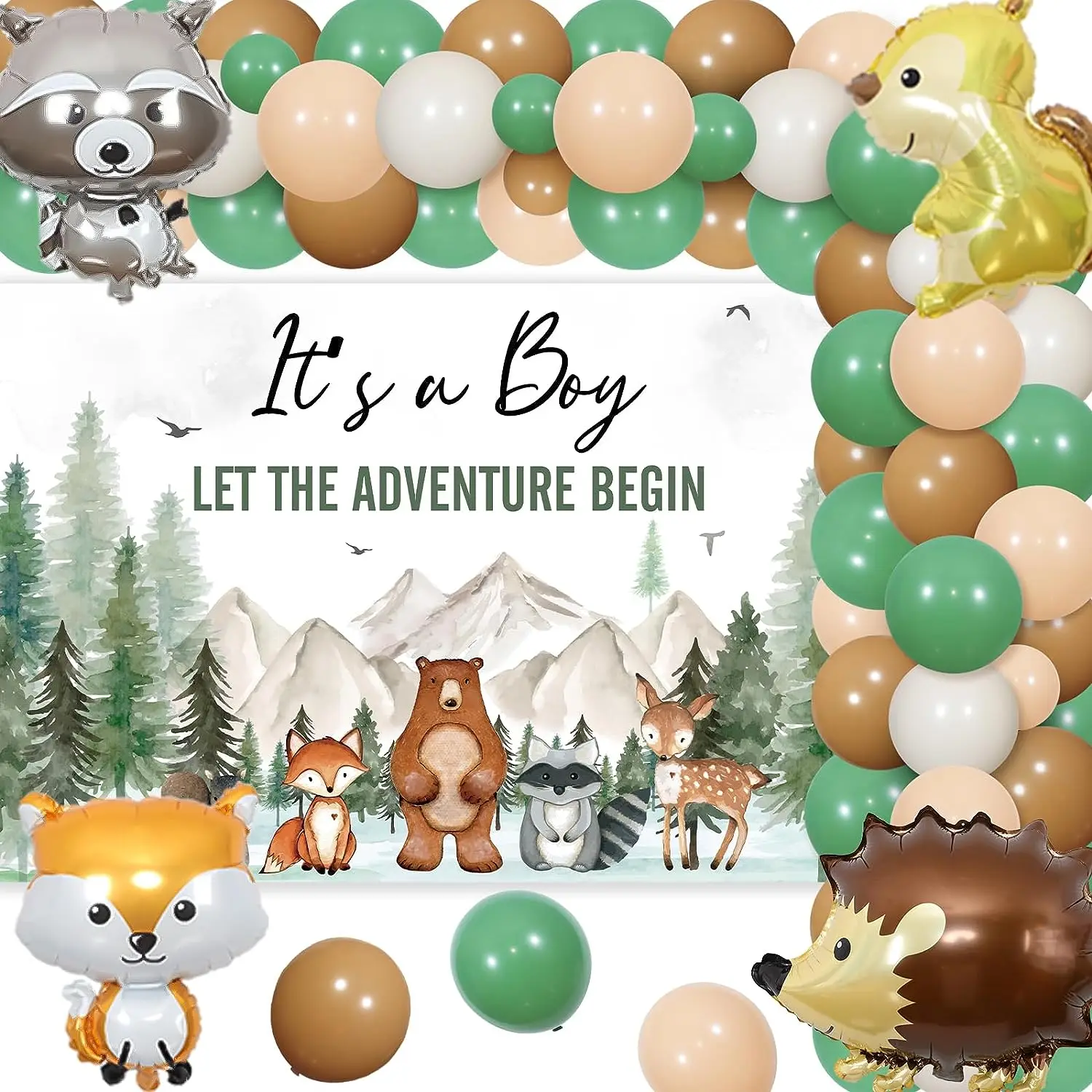 

Woodland Balloon Garland Kit, Jungle Animal Balloons, Baby Shower Decorations, Boy Camper, Let The Adventure Backdrop