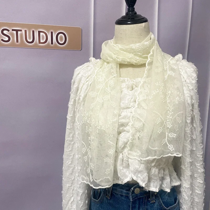 

Exquisite Heavy Industry Embroidery Lace Embroidery Long Silk Scarf Small Women's Spring and Summer Thin Sunshade Bag Head