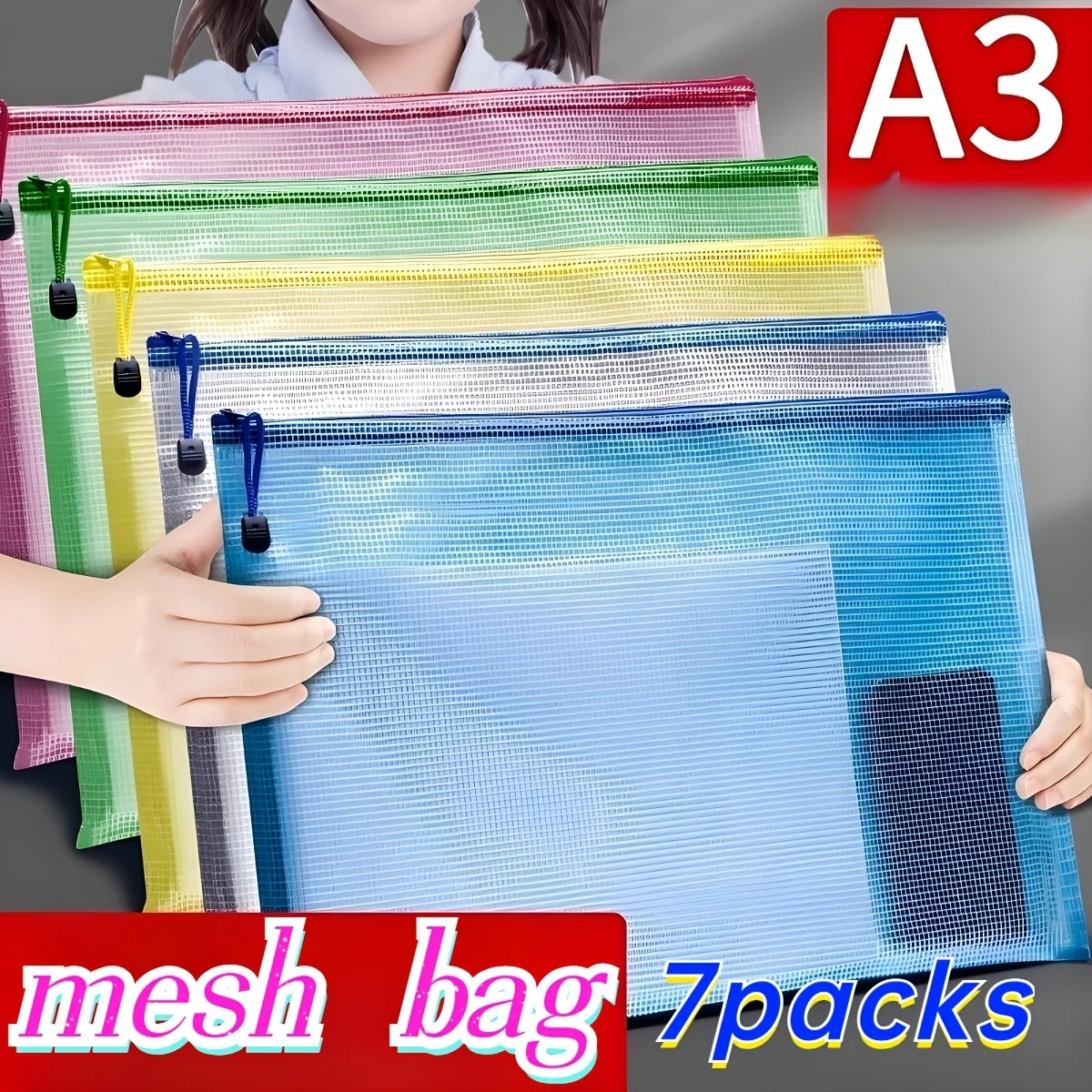 

7pcs Classic A3 Mesh Zipper Bags - Durable, Waterproof - Large Assorted Colors Drawstring Closure