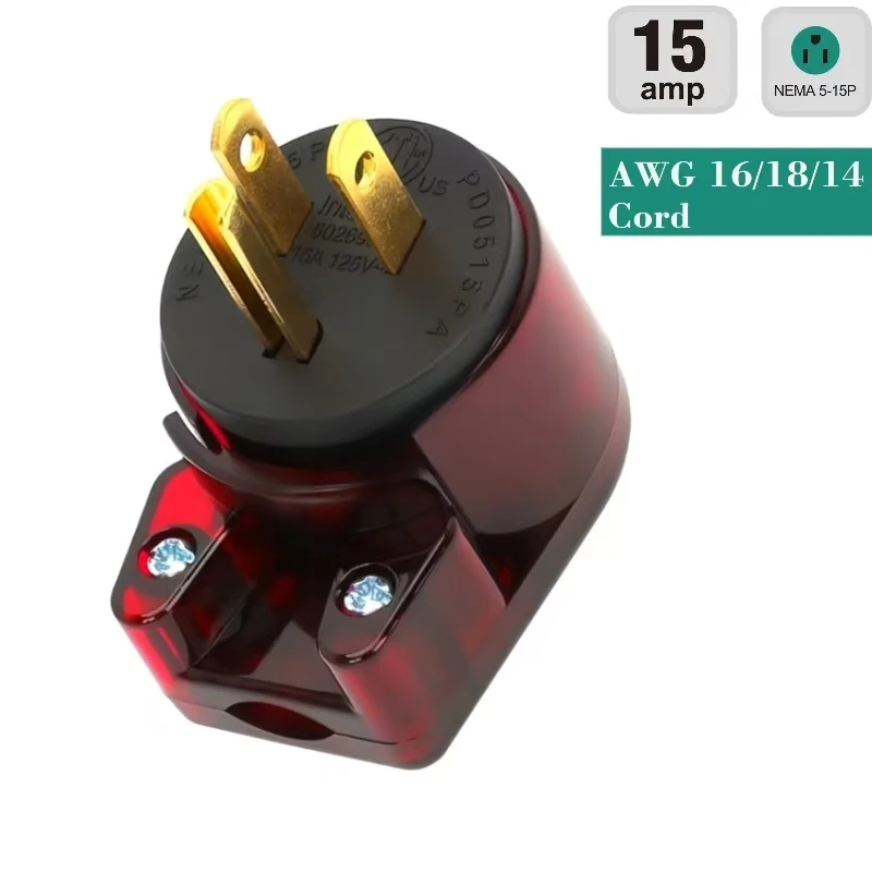 90 Degree Right Angle Plug 15A 125V Angled Plug, Nema 5-15P DIY AC Plug, USA 3-Prong Household Right Angle AC Plug, Red Color