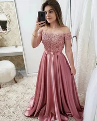 Off-Shoulder Long Evening Party Gowns Vestidos De Festa Sexy Applique Beading Satin Formal Prom Dresses Plus Size
