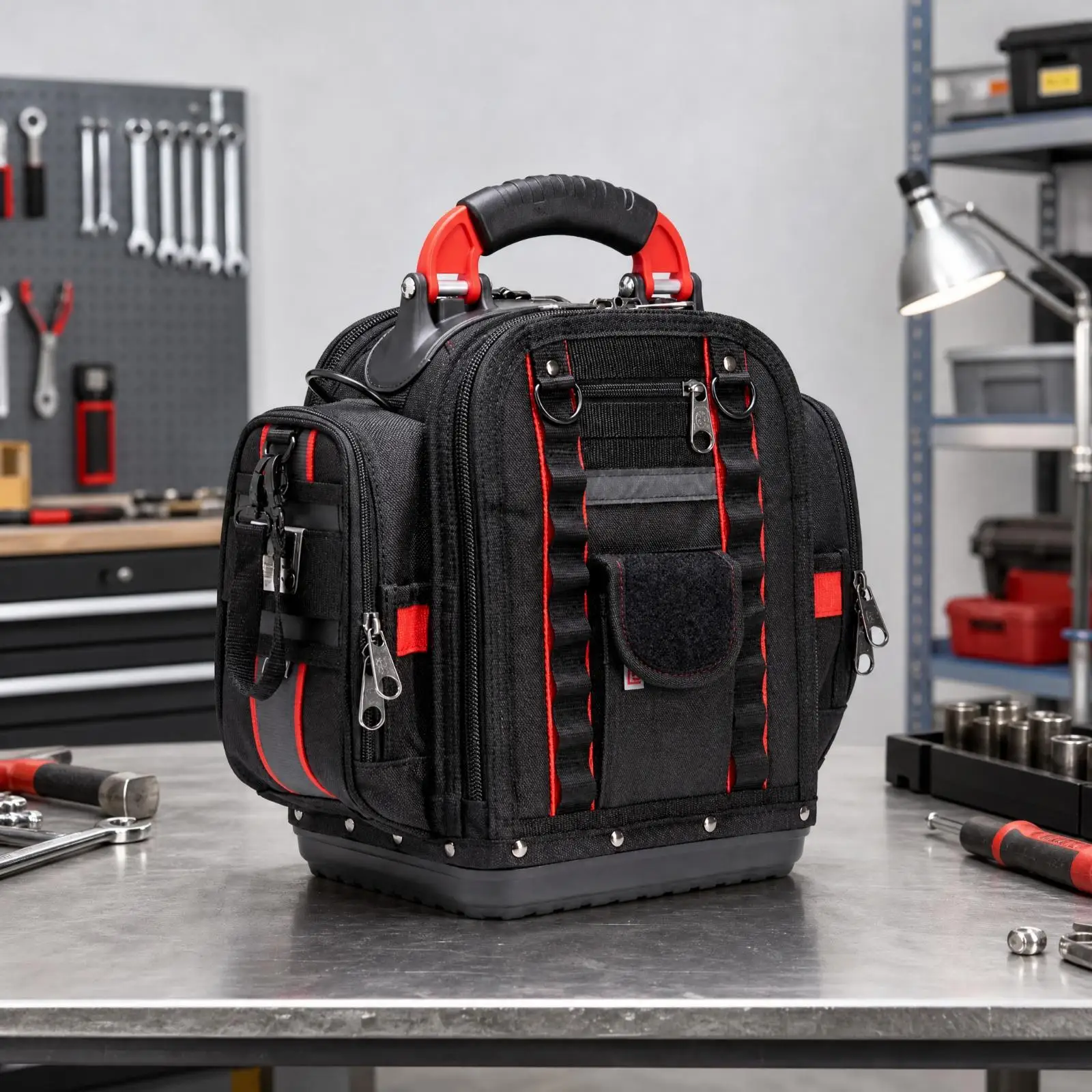 Rugged Work Backpack for Tools with Reinforced Base Padded Handle Multi Pocket Equipment Bag for Technicians
