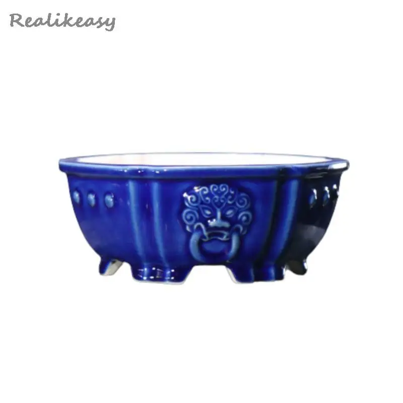 Chinese Style Yixing Purple Clay Flower Pot Ceramic Bonsai Pot Hexagonal Animal Pattern Japanese Style Cracked Flower Pot LE140