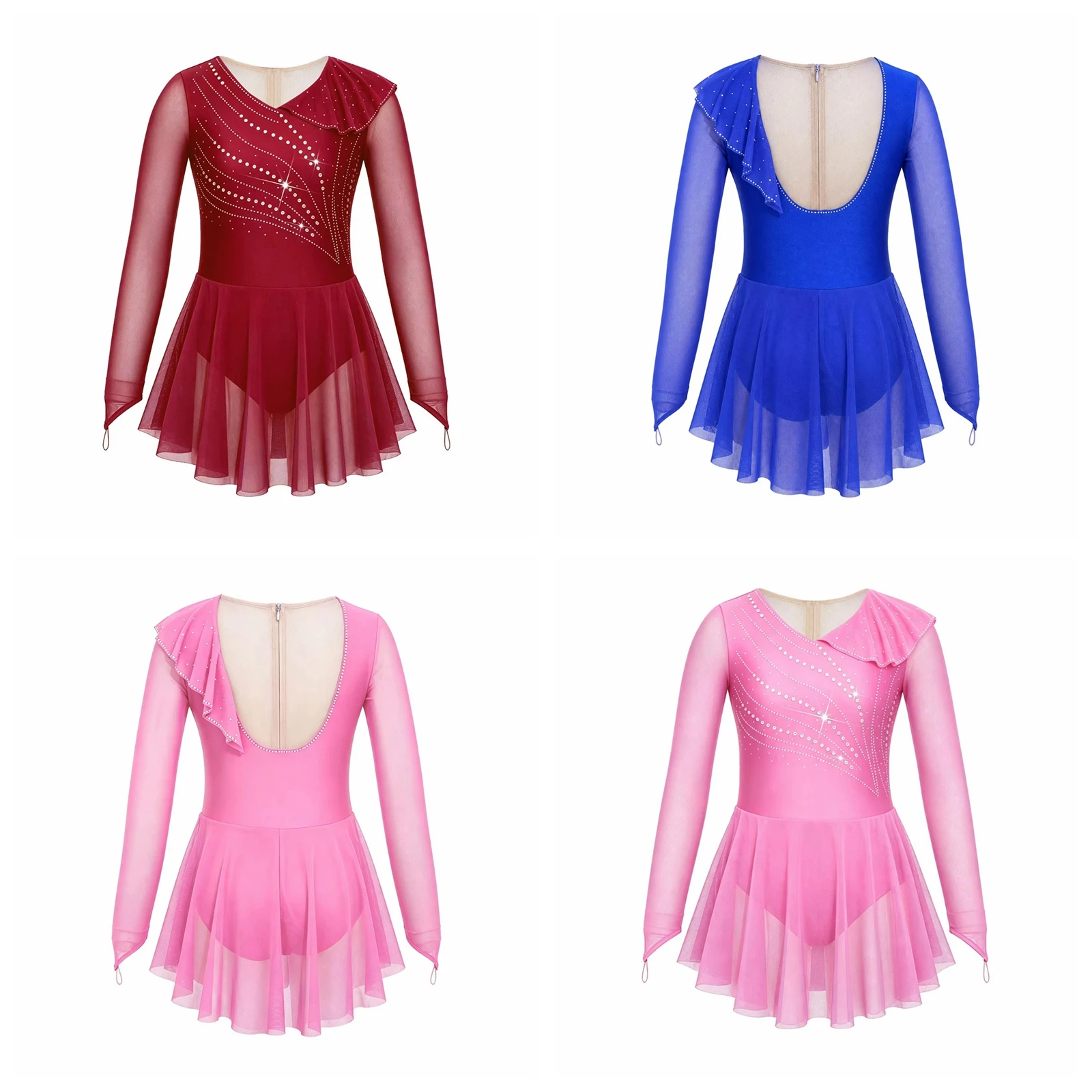 Kids Girls Figure Skating Dress Ballet Dance Costume Gymnastics Leotard Finger Holes Shiny Rhinestone Mesh Patchwork Dress