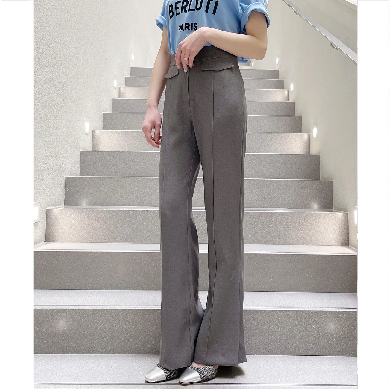 

Annmon Slimming Sensation TR Fabric Floor-Length Side Split Pants High Waist Straight Leg Casual Trousers for Women