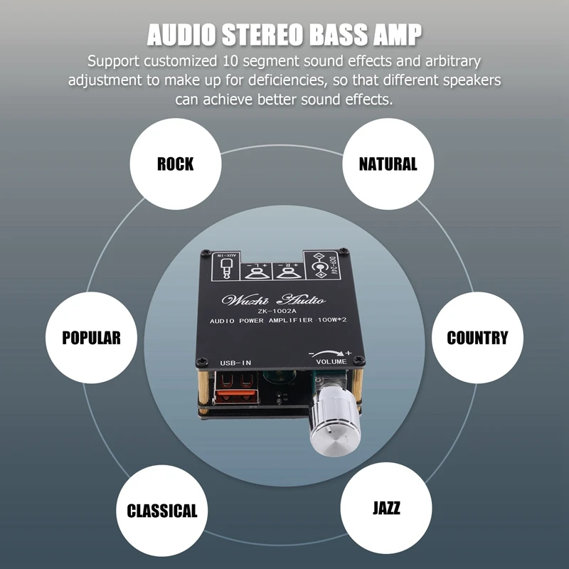 Carte d'amplificateur Bluetooth ZK-1002A Réglage des aigus et des basses Subwoofer 2 canaux Haute puissance Audio Stéréo Bass Médailles