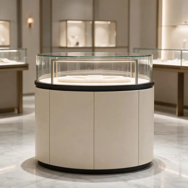 custom.Luxury Circular Tower Vitrine Leather Base Gold Trim Curved Glass LED Cove Wall Niche Jewelry Boutique Shopfitting
