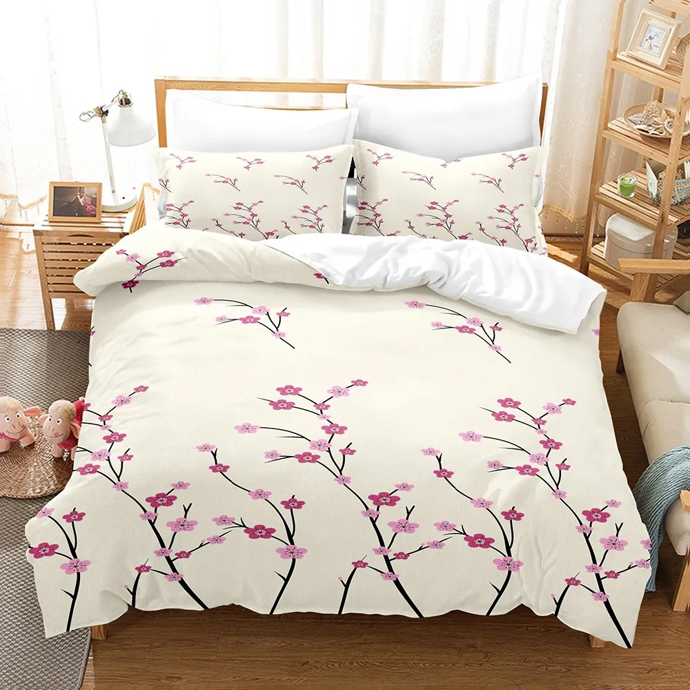 3PCS Duvet Cover Set New Chinese Style Peach Flower Printed Duvet Cover With 2 Pillowcases Single Twin Queen Size Bedding Set