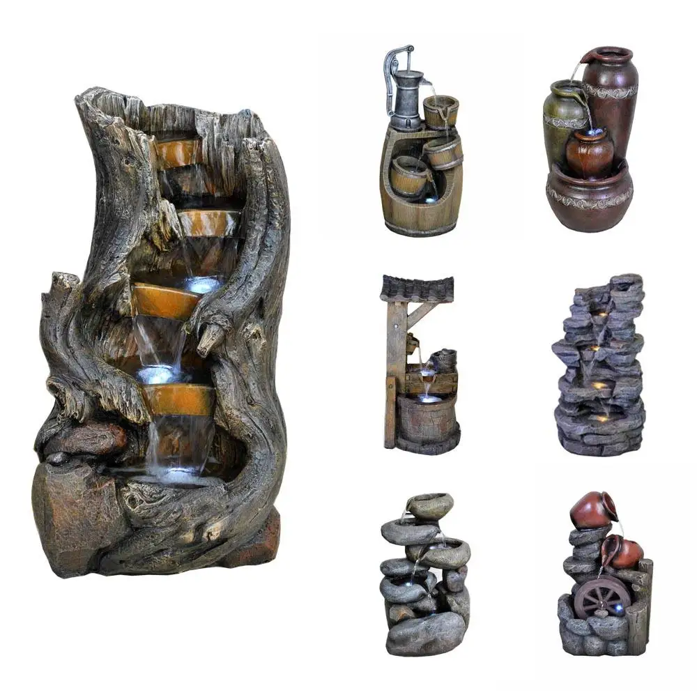 

Patio Yard Lawn Outdoor Resin Modern Solar Outdoor Rockery Trunk Garden Fountain with Led Light
