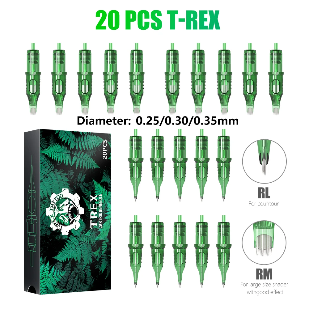 

T-Rex 20 шт. игла для картриджа с чернилами для татуировки RLRM стерильная безопасная игла для татуировки вращающаяся ручка с круглой подкладкой 0,25 мм 0,3 мм 0,35 мм