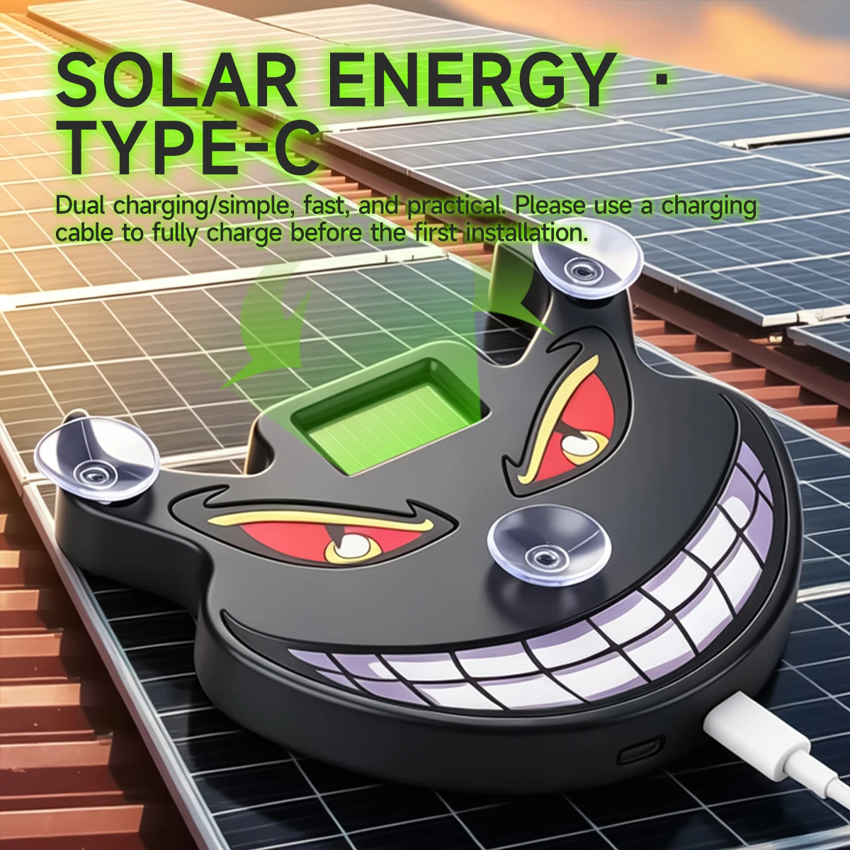 Solar Powered Devil Face Car LED Warning Light Suction Cup Mount Wireless No Wiring Windshield Strobe Flash Decor Safety Lamp