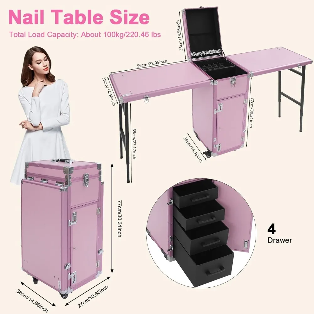 مكتب أظافر محمول قابل للطي مع طاولة مانيكير دوارة وحقيبة مستحضرات تجميل مكونة من حجرتين لمكياج السفر #1