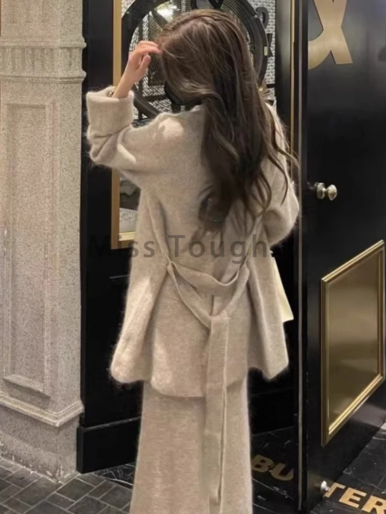 2023 Winter Maillard Fashion Knit Two Piece Set Women Solid Korean Style Vintage Midi Sweater Dress Suit Female French Chic Suit