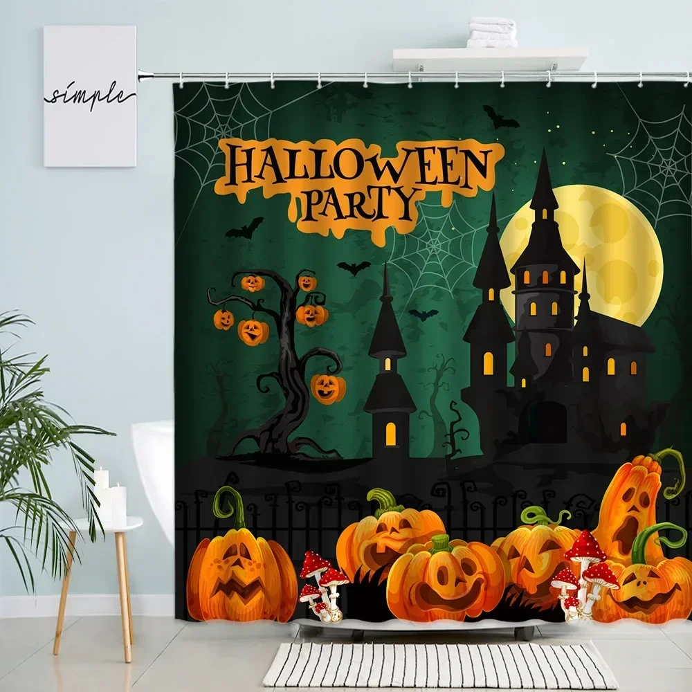 Creative Halloween Shower Curtain Funny Pumpkin Red Mushroom Horror Forest Castle Moon Landscape Bathroom Curtains Home Decor