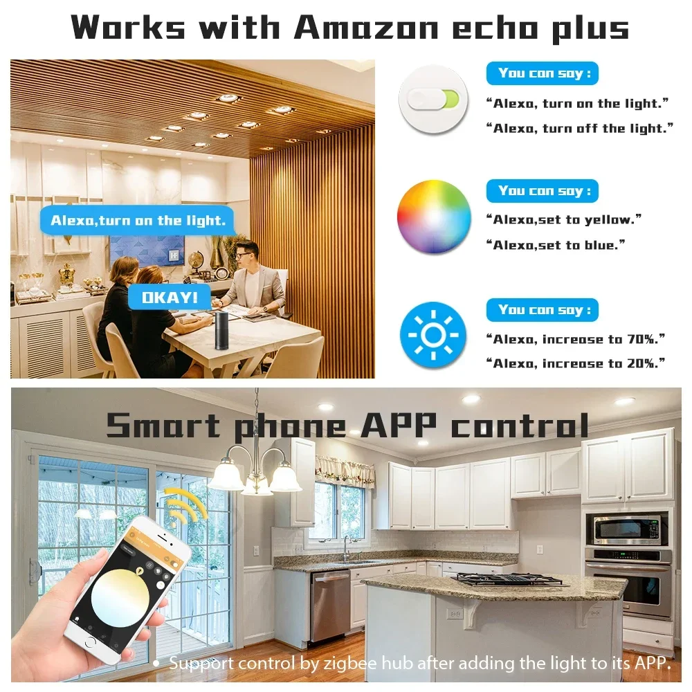 GLEDOPTO 6W 9W ZigBee 3.0 Smart RGB+CCT Ceiling Downlight Pro Work With Alexa Echo Plus SmartThings App/Voice/RF Remote Control