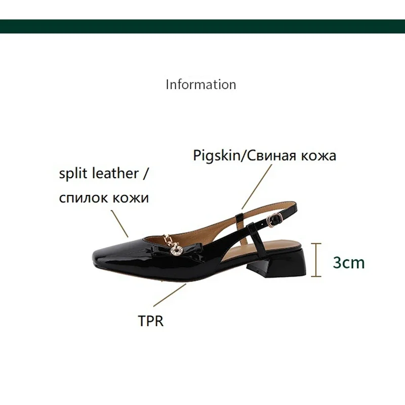 NEW Summer Women Sandals Square Toe Chunky Heel Shoes Patent Leather Shoes for Women Concise Cover Toe Slingback Handmade Shoes