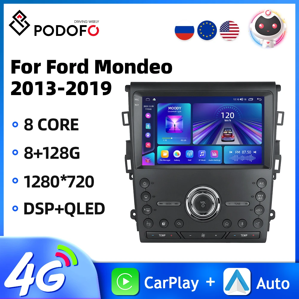 Podofo Android 9'' Car Stereo For Ford Mondeo 2013-2019 Multimedia Player Carplay Android Auto 8Core 8+128G Bluetooth Car Audio