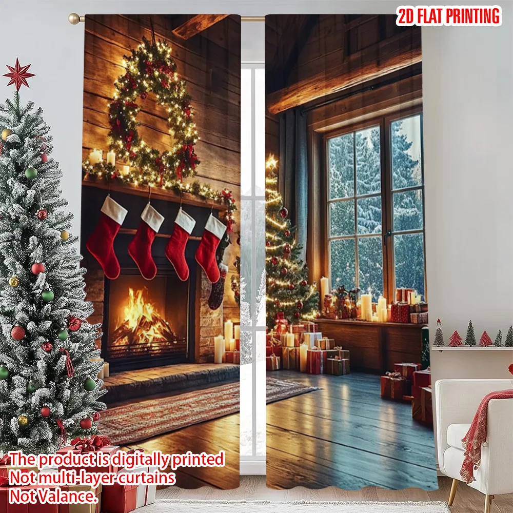 

2pcs 2D flat printing Christmas Curtains Farm Style Christmas Scene Versatile 100% Polyester Without Electricity Spring for gold