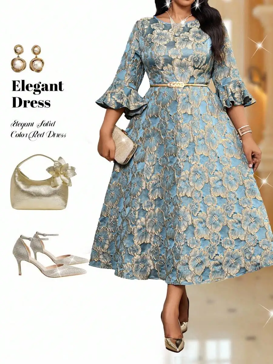 

Elegant Blue Floral Jacquard Dress with Ruffle Sleeves and Belted Waist