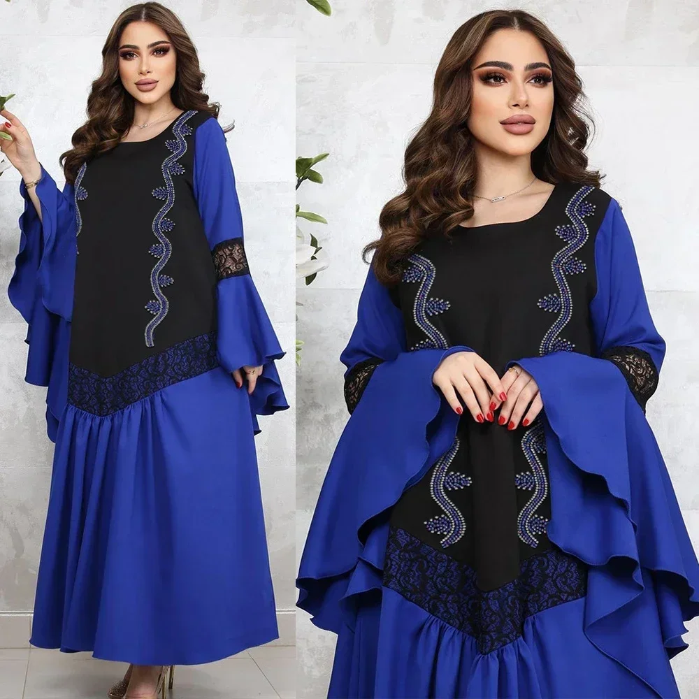 Elegant Diamonds Dress Lace Splicing Gown Muslim Long Jalabiya Woman Big Lotus Leaf Sleeves Abaya Women Square Neckline Kaftan