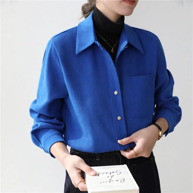 Camicette da donna da ufficio Camicette da donna in velluto a coste tinta unita Camicie vintage Moda Allentata Primavera/Autunno Abbigliamento Manica lunga Top da donna