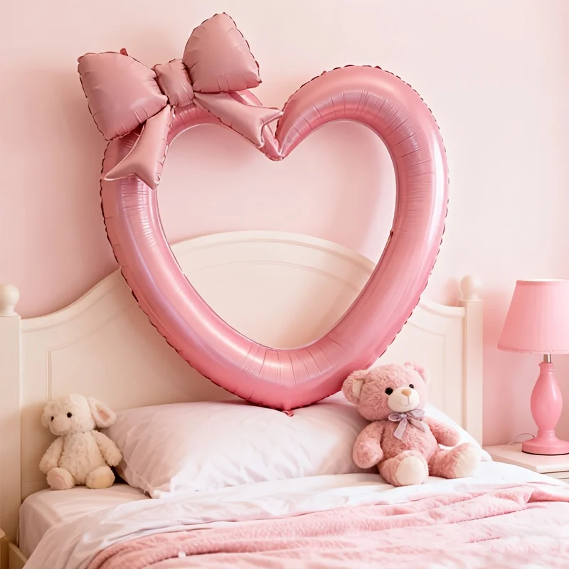2 Stück rosa hohle Herz-Aluminiumfolienballons mit mattrosa Schleife, Geburtstagsfeier, Valentinstag, Hochzeit, Dekoration, Foto-Requisiten