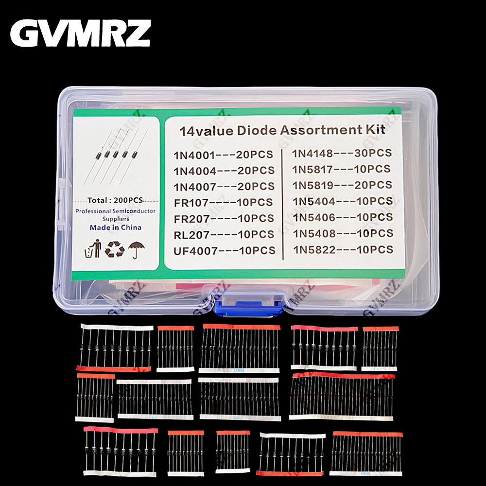14Value 200PCS Switching Transistors & Diodes Assortment Kit with Box Fast Recovery, Rectifier & Schottky Diodes