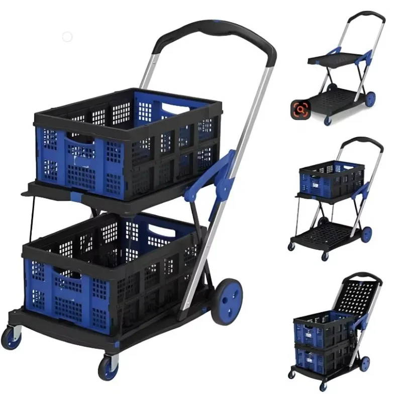 Foldable Double-Layer Trolley with Wheel for Office WarehouseStorage Moving Goods PortableMultifunctional Push