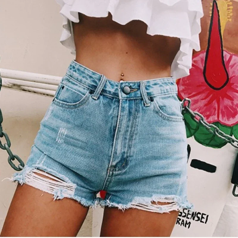 Cool hot girl ripped denim shorts Women\'s summer skinny, high-waisted skinny, hip covered short hot pants